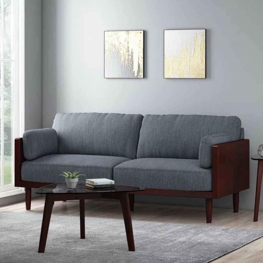 Sofas & Sectionals * | Gdfstudio Bagan Mid-Century Modern Upholstered 3 Seater Sofa, Charcoal + Dark Walnut