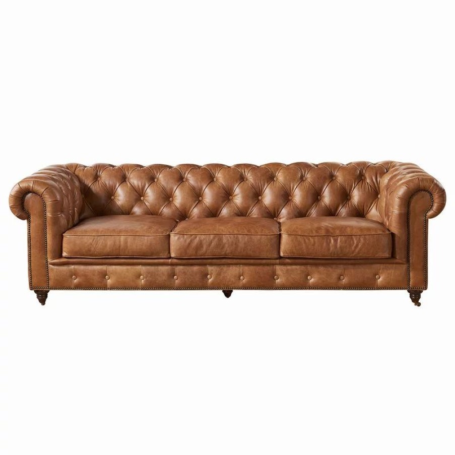 Sofas & Sectionals * | Crafters And Weavers Top Grain Leather Chesterfield Sofa, Light Brown
