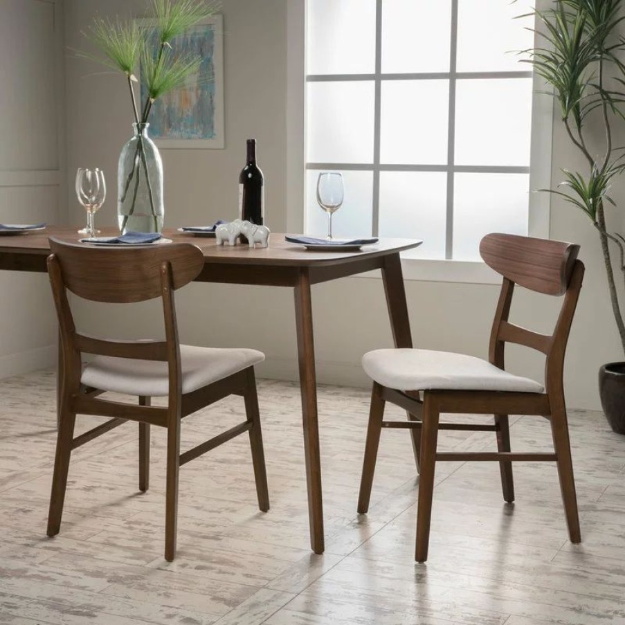 Chairs * | Gdfstudio Gdf Studio Helen Mid Century Dining Chair, Set Of 2, Light Beige/Natural Walnut
