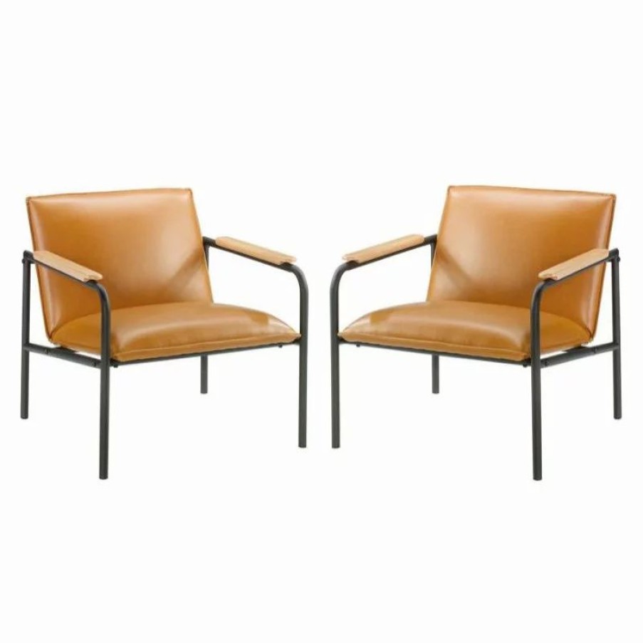 Chairs * | Home Square 2 Piece Faux Leather Upholstered Accent Chair Set In Camel And Black