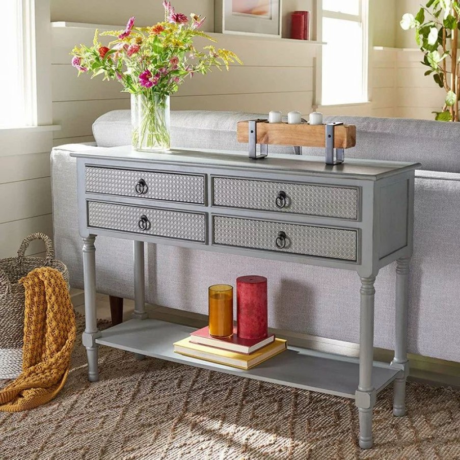 Console Tables * | Decor Love Unique Console Table, Carved Legs & Textured Drawers Front, Distressed Grey