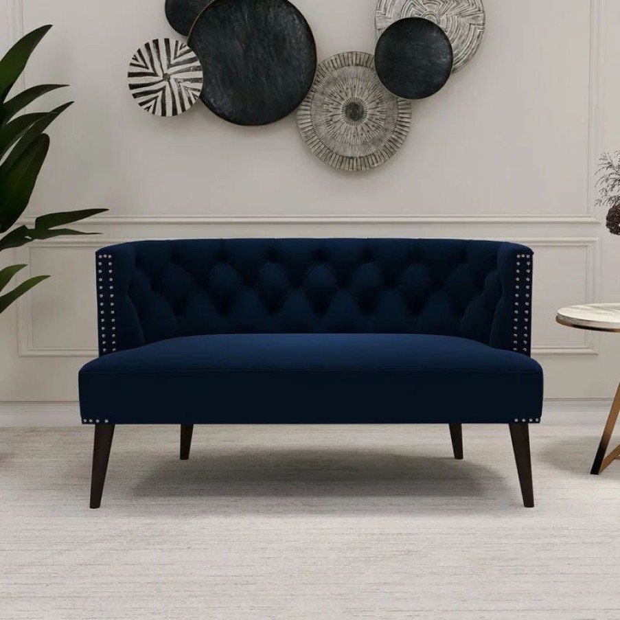 Sofas & Sectionals * | Jennifer Taylor Home Celine Tufted Settee With Nailhead Accents, Dark Navy Blue