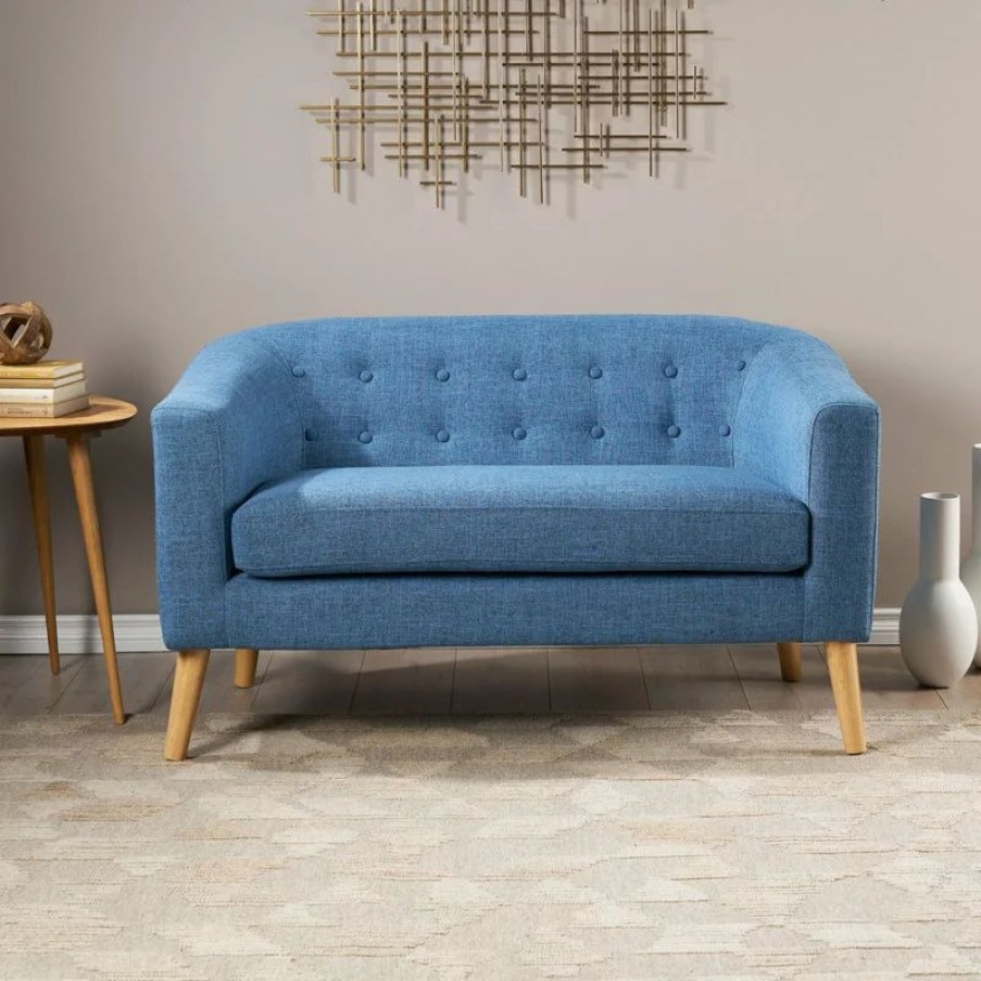 Sofas & Sectionals * | Gdfstudio Gdf Studio Carol Button Back Mid Century Fabric Modern Loveseat, Muted Blue