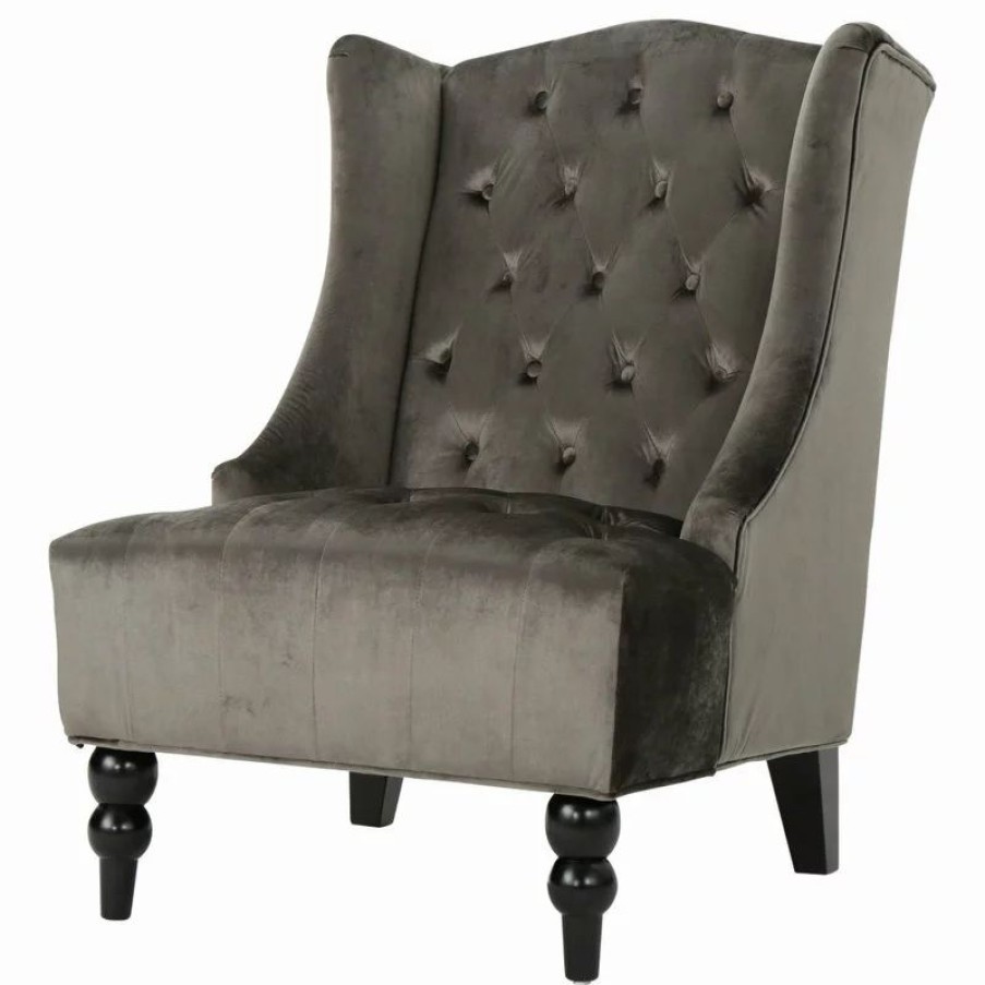 Chairs * | Gdfstudio Gdf Studio Talisa Winged High-Back Tufted New Velvet Club Chair, Gray