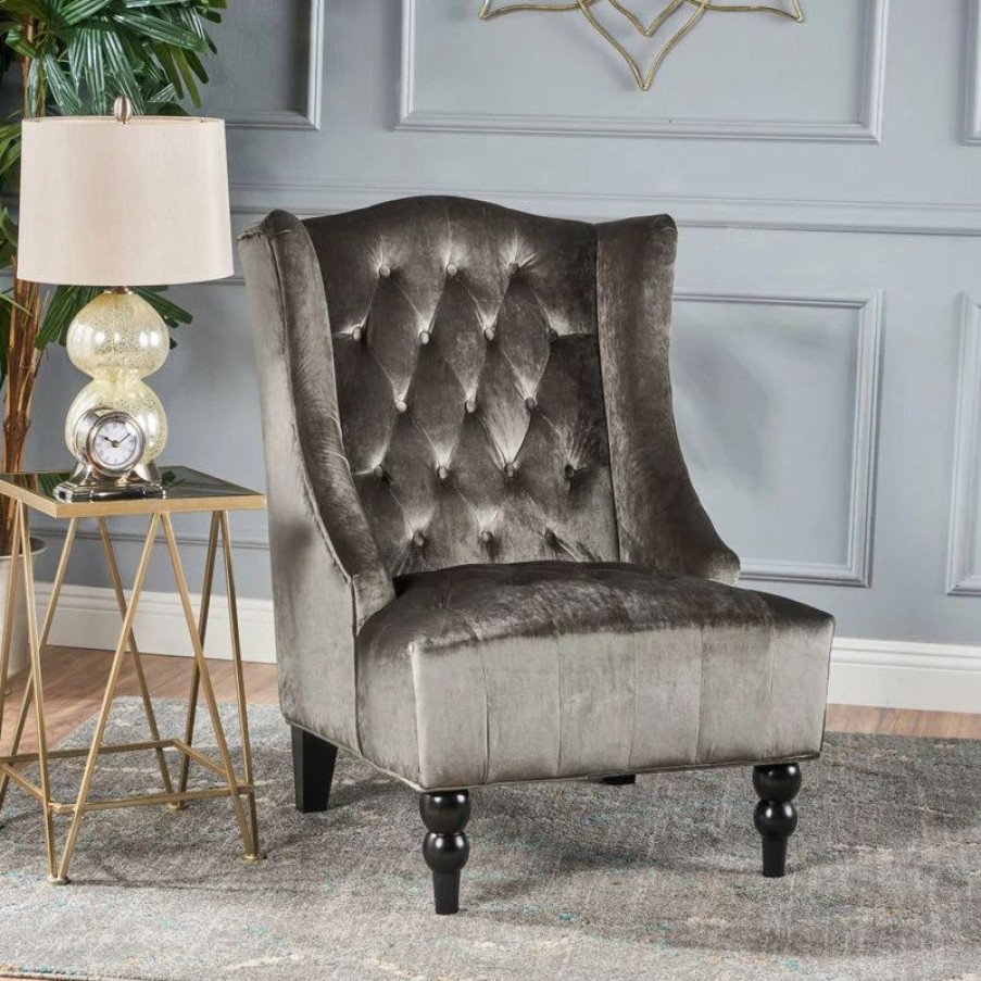 Chairs * | Gdfstudio Gdf Studio Talisa Winged High-Back Tufted New Velvet Club Chair, Gray