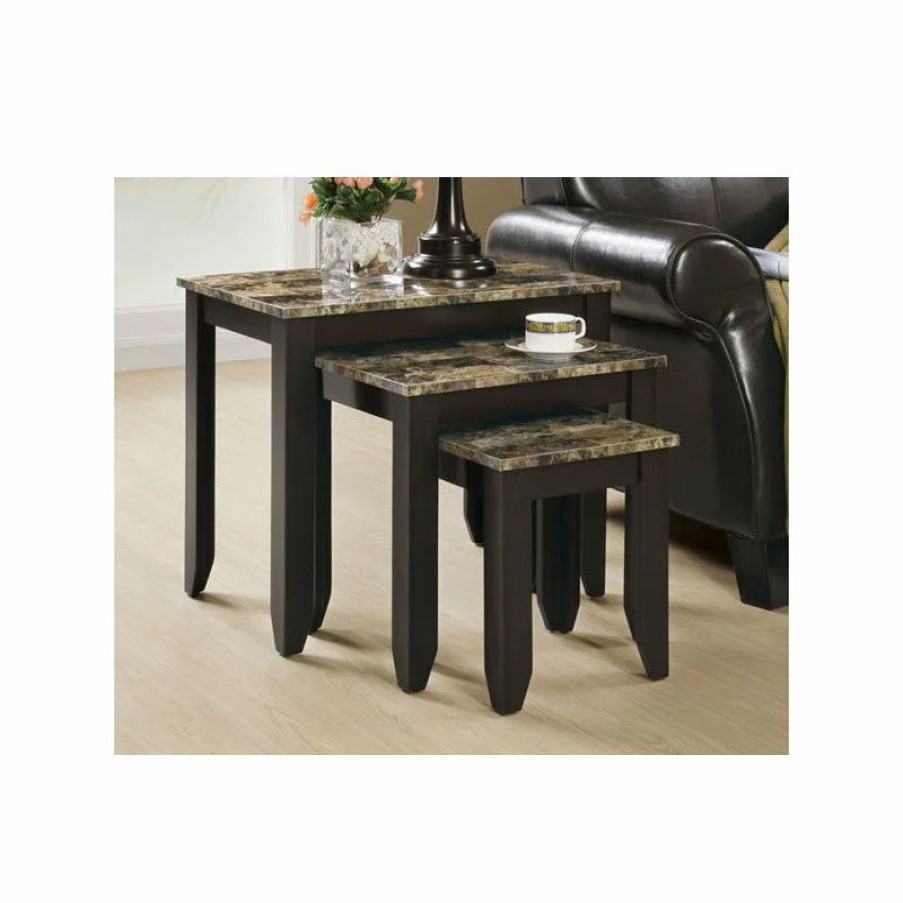 Coffee & Accent Tables * | Monarch Specialties Nesting Table, Set Of 3, Side, End, Accent, Bedroom, Laminate, Brown Marble Look