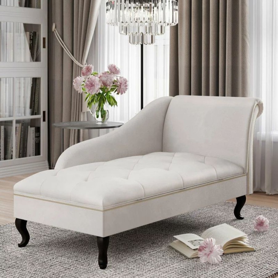 Chairs * | Belleze Nailhead Trim Velveteen Button-Tufted Storage Chaise, Beige