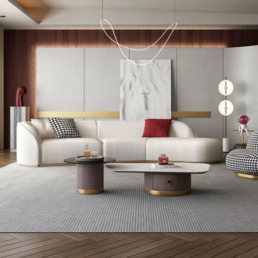 Sofas & Sectionals * | Homary Curved White Sectional Sofa Upholstered 5-Seater Floor Sofa Faux-Fur Polyester