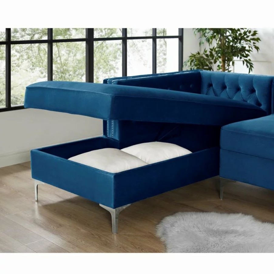 Sofas & Sectionals * | Inspired Home Jeannie Velvet Tufted With Nailhead Trim Sectional, Navy, Left Facing Chaise