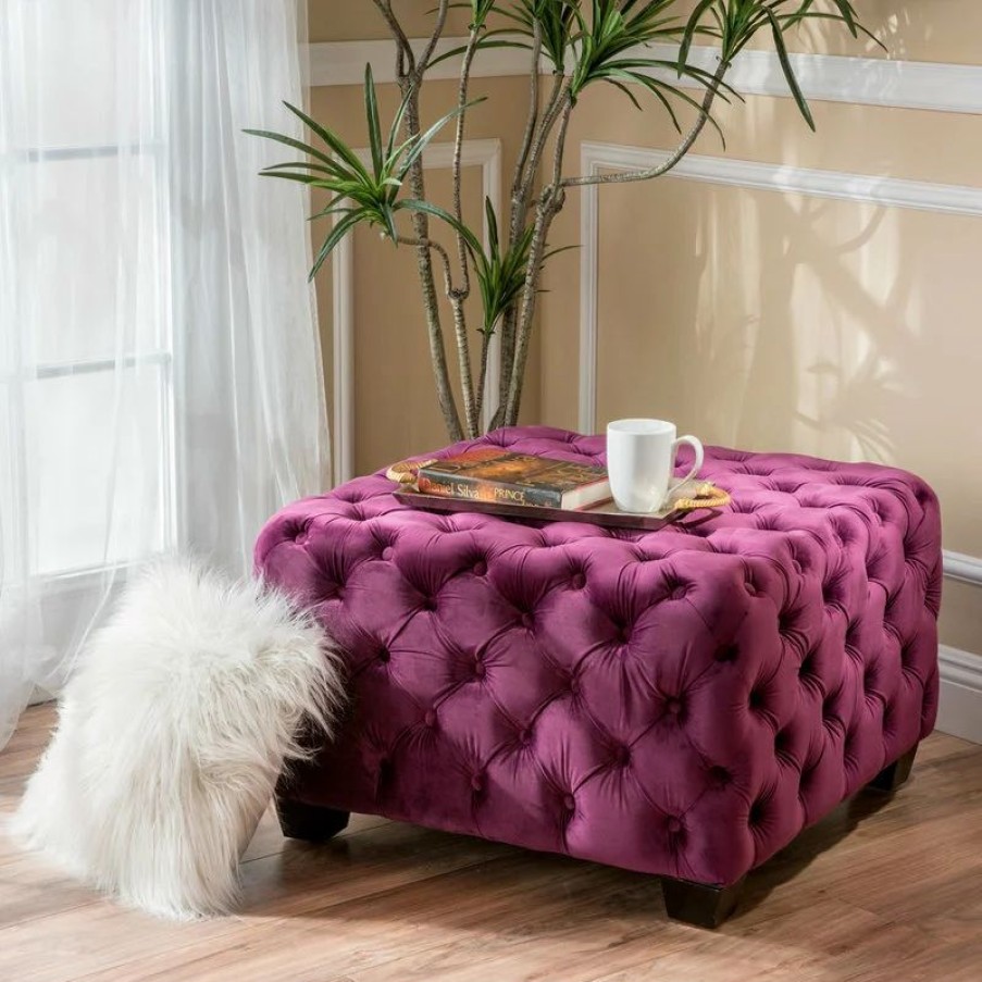 Footstools & Ottomans * | Gdfstudio Gdf Studio Provence Dark Teal Tufted Velvet Fabric Square Ottoman Bench, Fuchsia