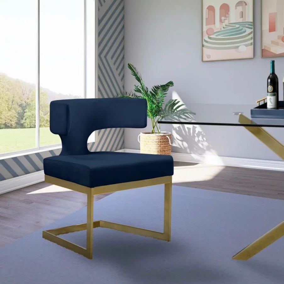Chairs * | Mod The Eve Dining Chair, Navy And Gold, Velvet And Metal