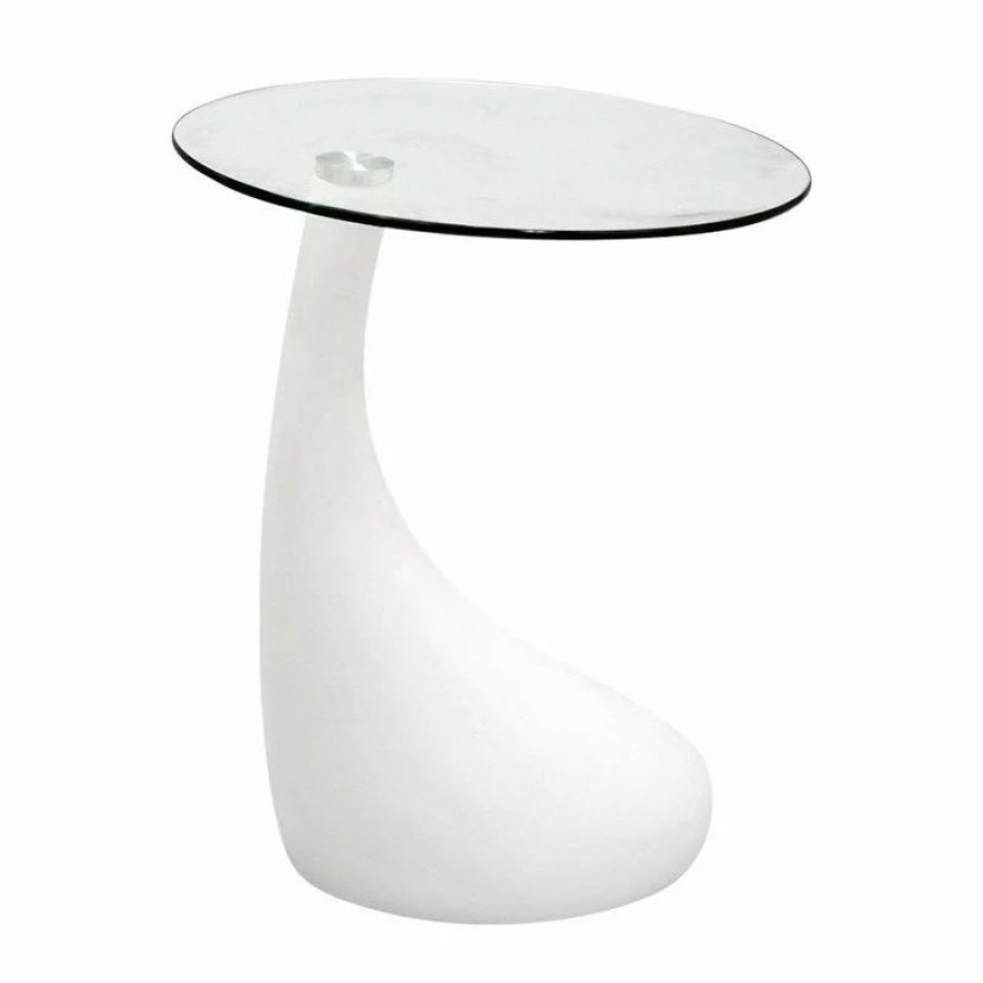 Coffee & Accent Tables * | Fab Glass And Mirror Teardrop Side Table White Color With 18 Inch Round Glass Top