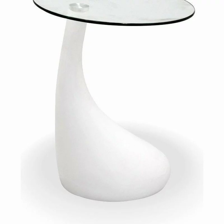 Coffee & Accent Tables * | Fab Glass And Mirror Teardrop Side Table White Color With 18 Inch Round Glass Top
