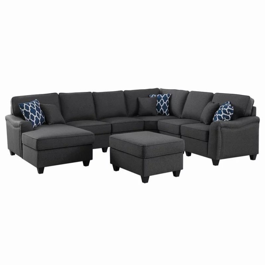Sofas & Sectionals * | Lilola Home Leo Dark Gray Linen 7-Piece Modular L-Shape Sectional Sofa Chaise And Ottoman