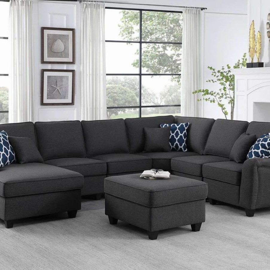 Sofas & Sectionals * | Lilola Home Leo Dark Gray Linen 7-Piece Modular L-Shape Sectional Sofa Chaise And Ottoman
