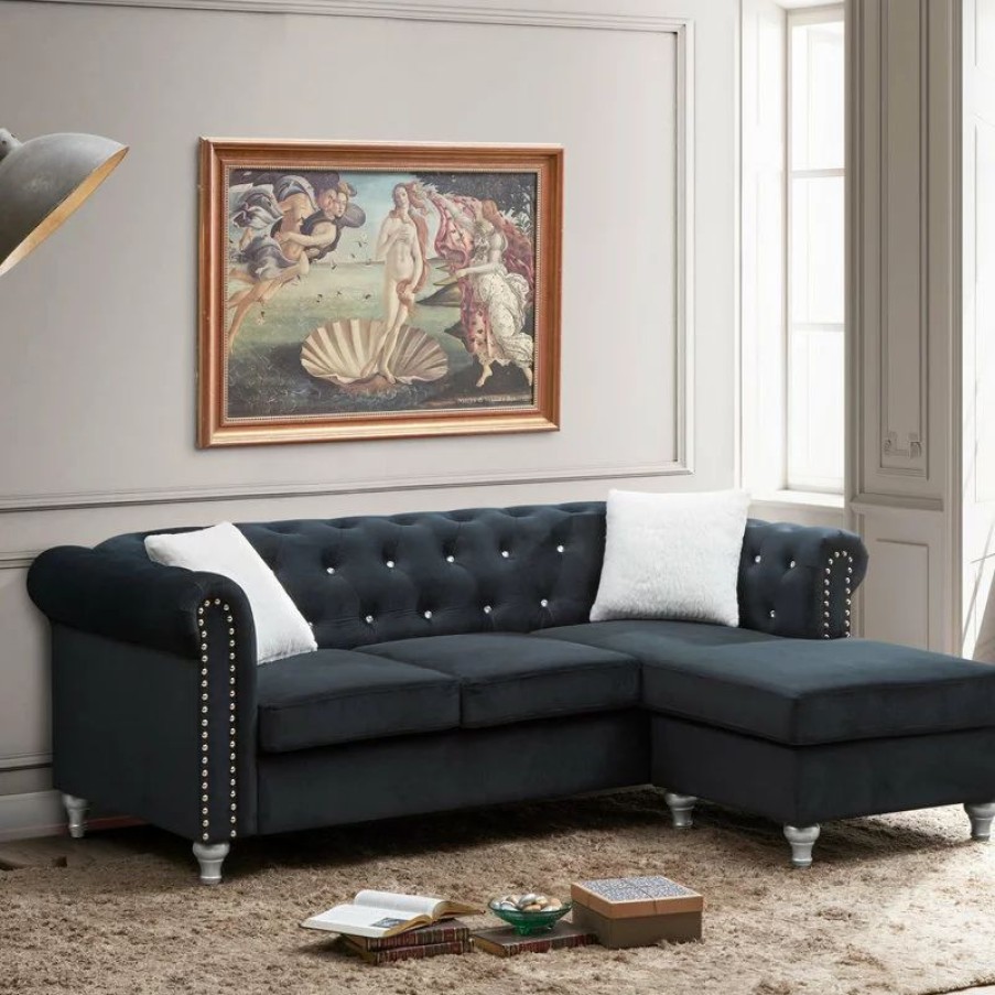 Sofas & Sectionals * | Glory Furniture Raisa Tufted Velvet Sofa Chaise, Black