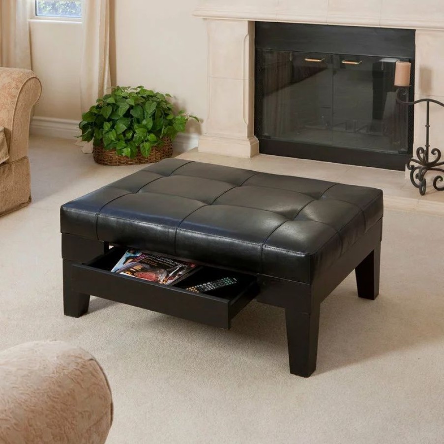 Footstools & Ottomans * | Gdfstudio Gdf Studio Tucson Leather Storage Ottoman Coffee Table, Black