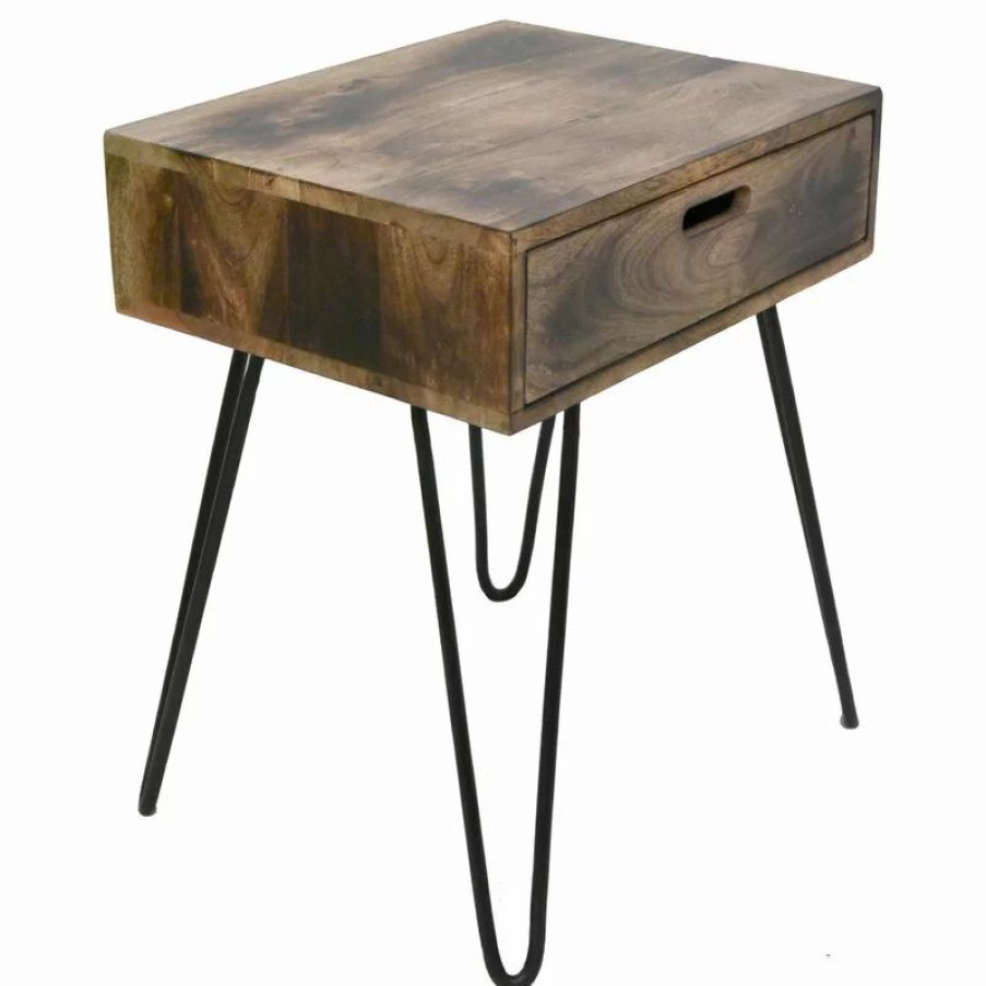 Coffee & Accent Tables * | Inspire At Home Natural Burnt Solid Mango Wood And Black Iron Accent Table