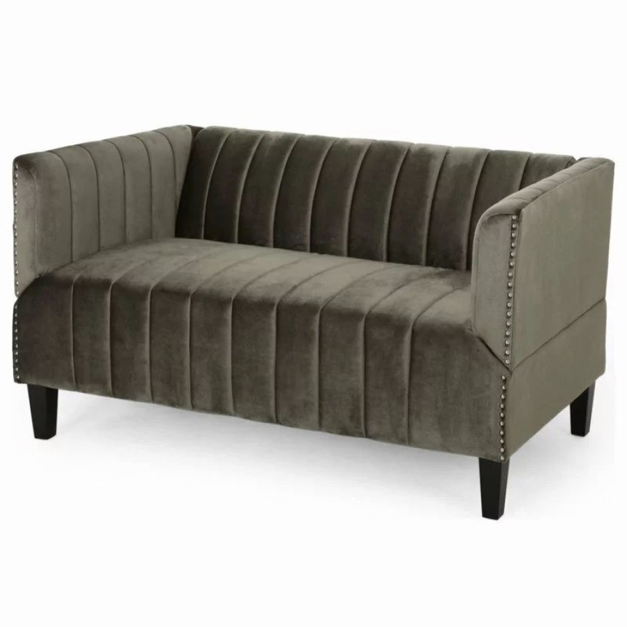 Sofas & Sectionals * | Gdfstudio Judson Channel Stitch Velvet Settee, Gray/Dark Brown
