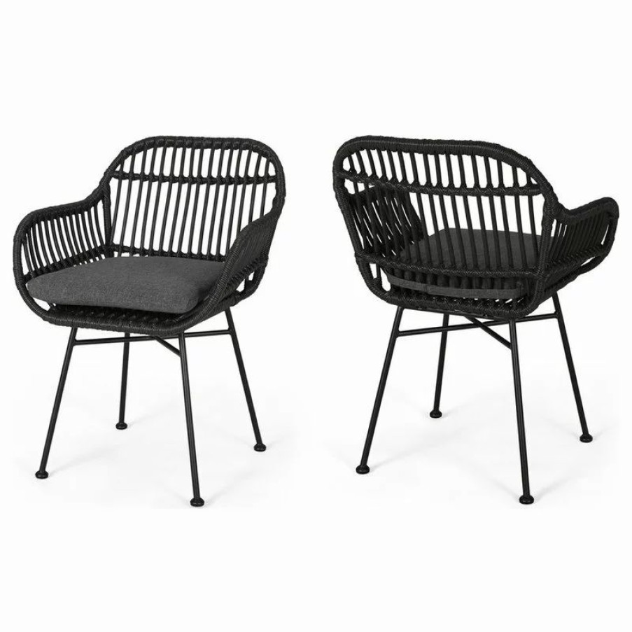 Chairs * | Gdfstudio Rodney Indoor Woven Faux Rattan Chairs With Cushions, Set Of 2, Gray, Dark Gray