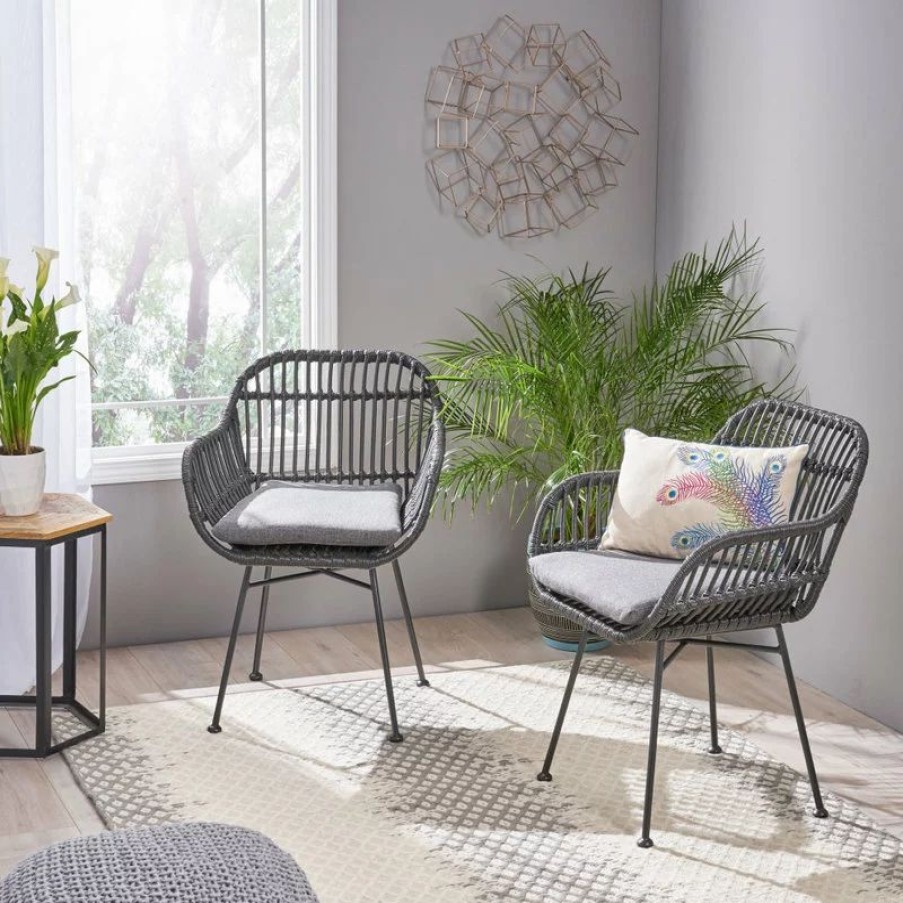 Chairs * | Gdfstudio Rodney Indoor Woven Faux Rattan Chairs With Cushions, Set Of 2, Gray, Dark Gray