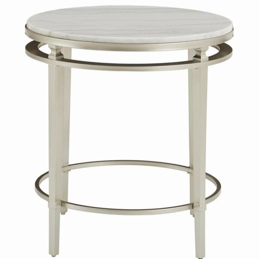Coffee & Accent Tables * | Inspire Q Milroy Champagne Silver Finish Round Marble Top End Table