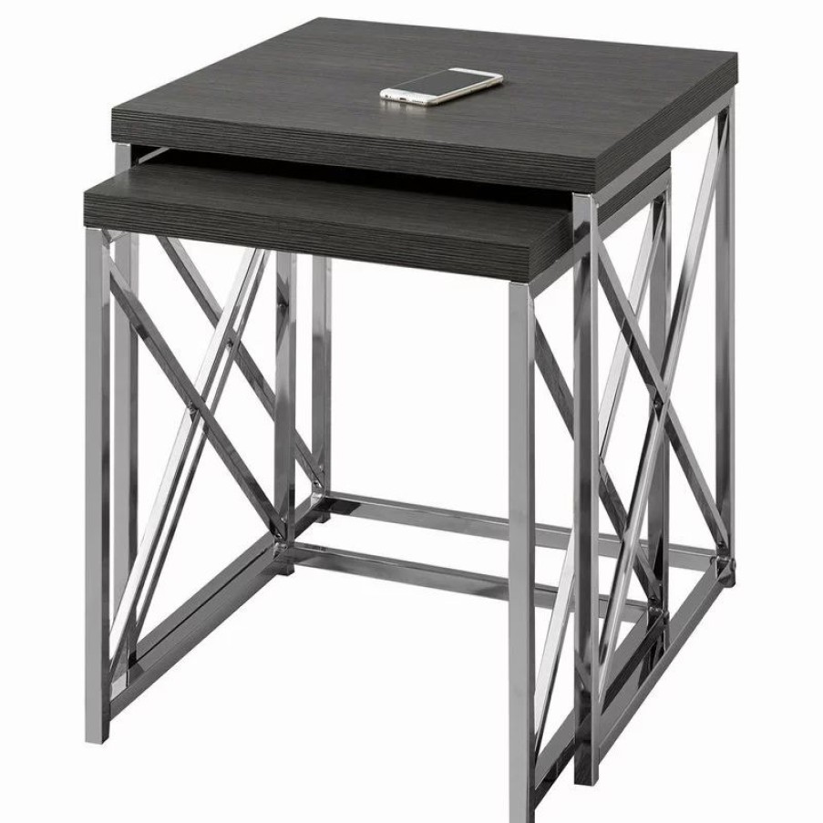 Coffee & Accent Tables * | Monarch Specialties Nesting Tables With Chrome Metal Base, 2-Piece Set, Gray