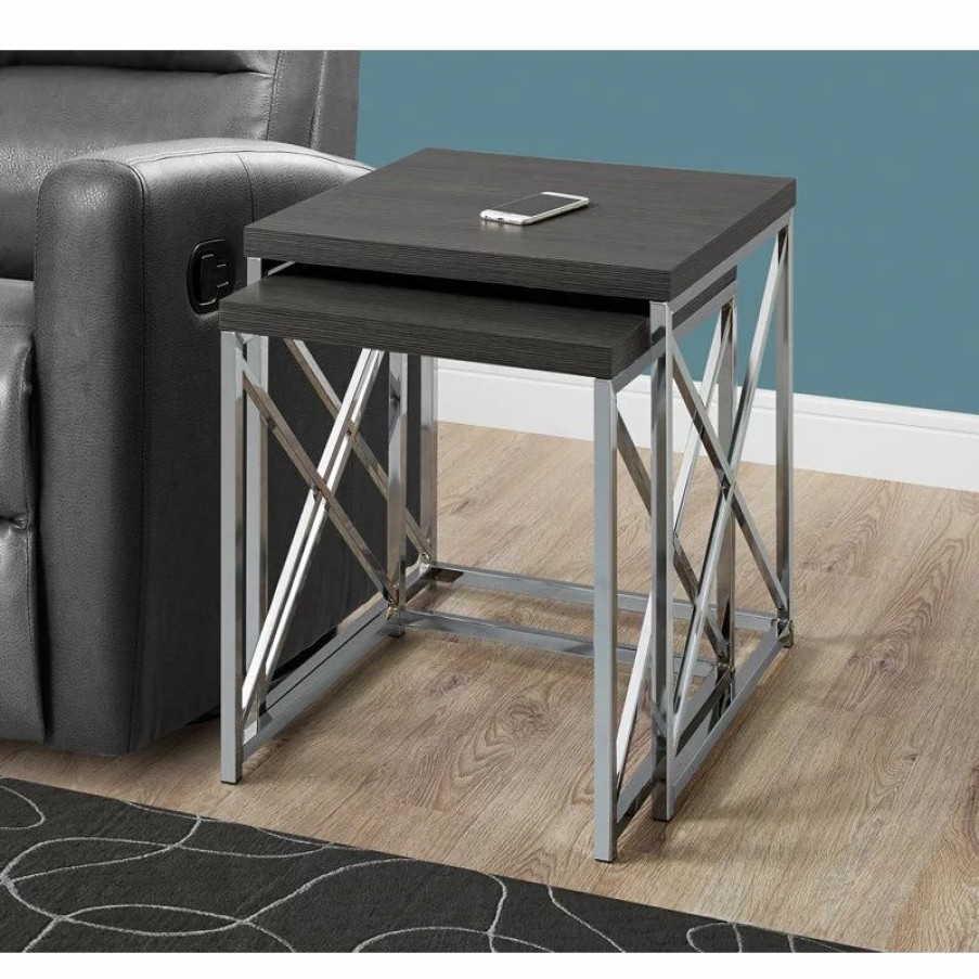 Coffee & Accent Tables * | Monarch Specialties Nesting Tables With Chrome Metal Base, 2-Piece Set, Gray