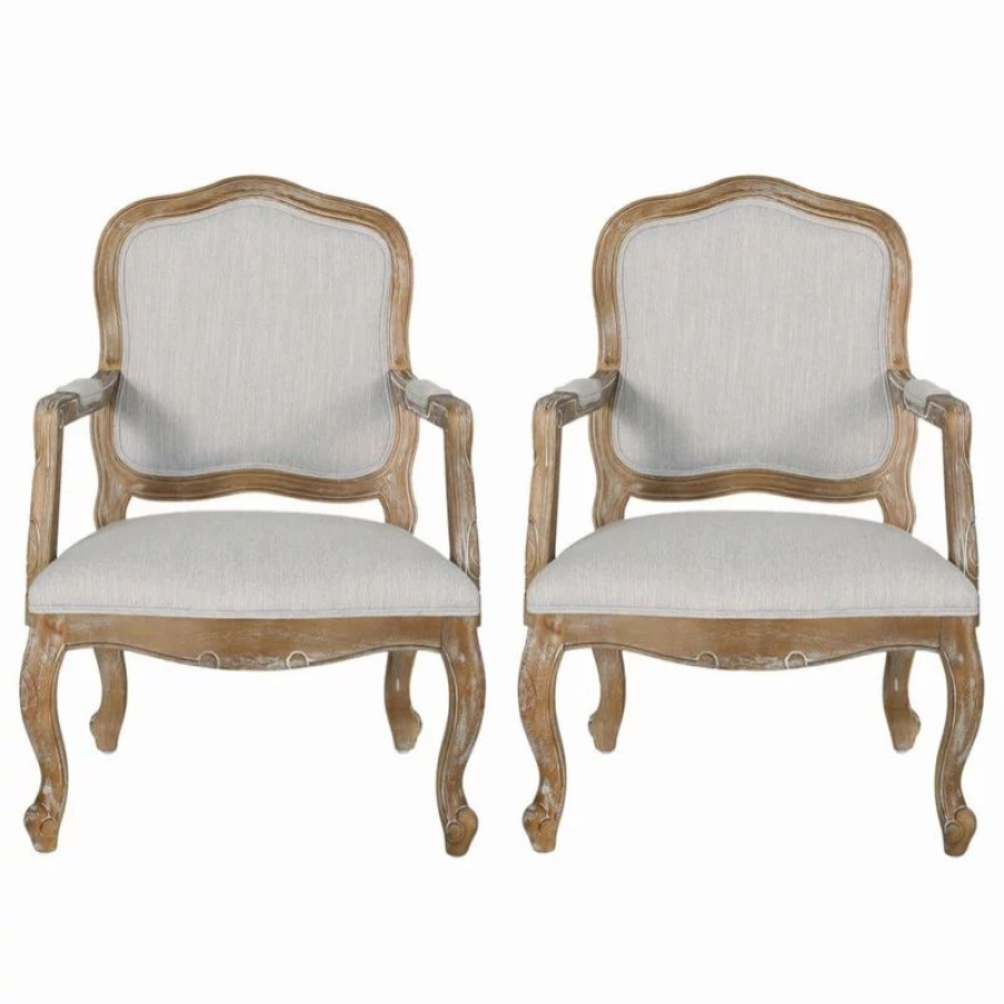 Chairs * | Gdfstudio Stene French Country Upholstered Dining Armchair, Light Grey + Natural, Set Of 2