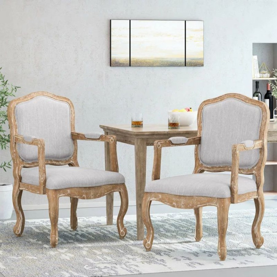 Chairs * | Gdfstudio Stene French Country Upholstered Dining Armchair, Light Grey + Natural, Set Of 2