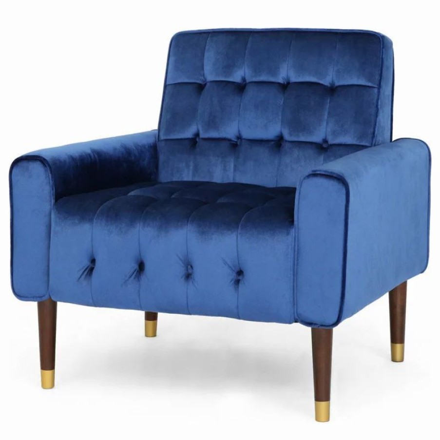 Chairs * | Gdfstudio Gdf Studio Betsy Modern Button-Tufted Waffle Stitching Velvet Armchair, Navy Blu