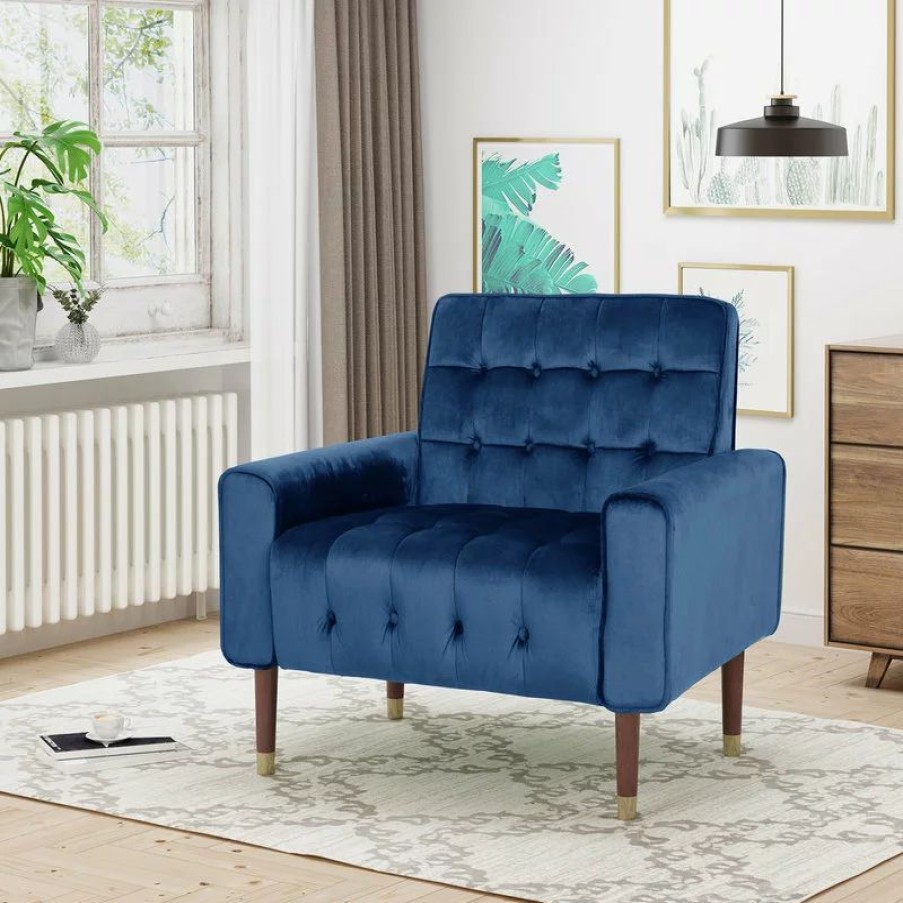 Chairs * | Gdfstudio Gdf Studio Betsy Modern Button-Tufted Waffle Stitching Velvet Armchair, Navy Blu