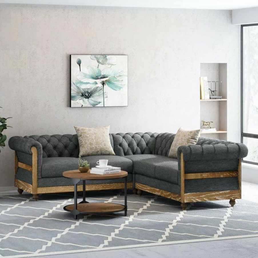 Sofas & Sectionals * | Gdfstudio Alejandro Chesterfield Tufted Fabric 5 Seater Sectional Sofa With Nailhead Trim,