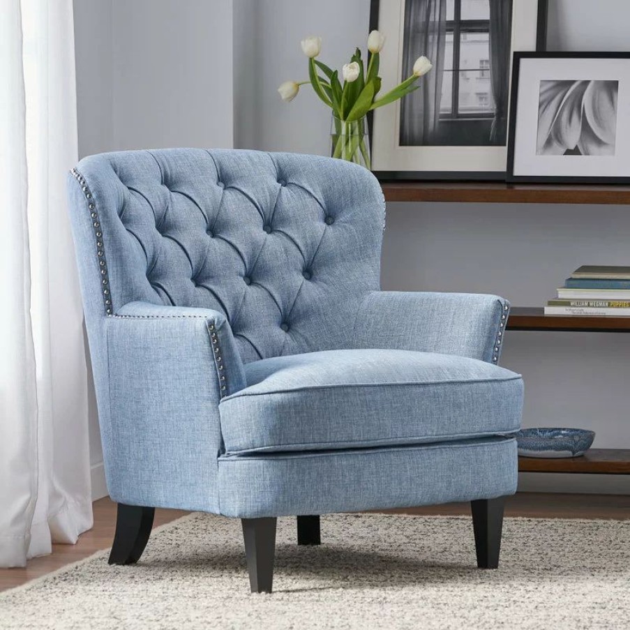 Chairs * | Gdfstudio Gdf Studio Laxford Light Blue Tufted Fabric Club Chair