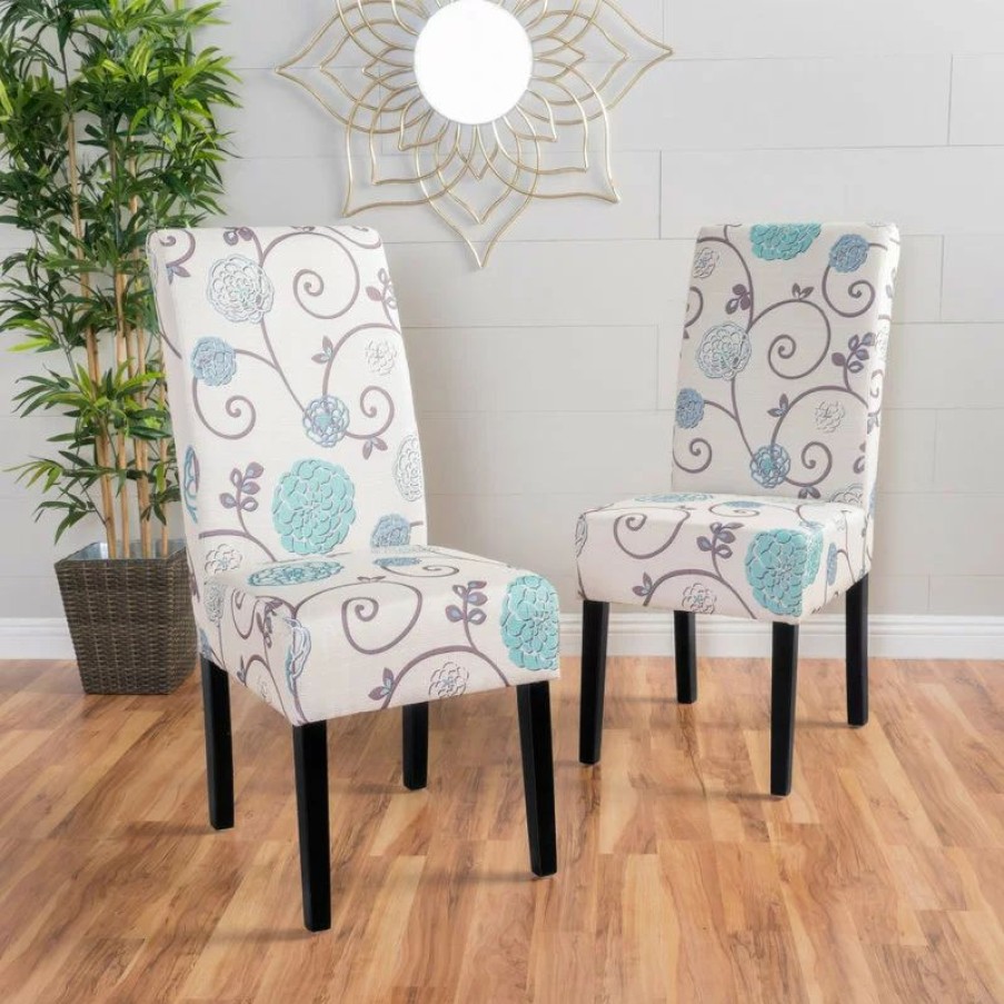 Chairs * | Gdfstudio Gdf Studio Percival White And Blue Floral Fabric Dining Chairs, Set Of 2, White And Blue Floral, Fabric