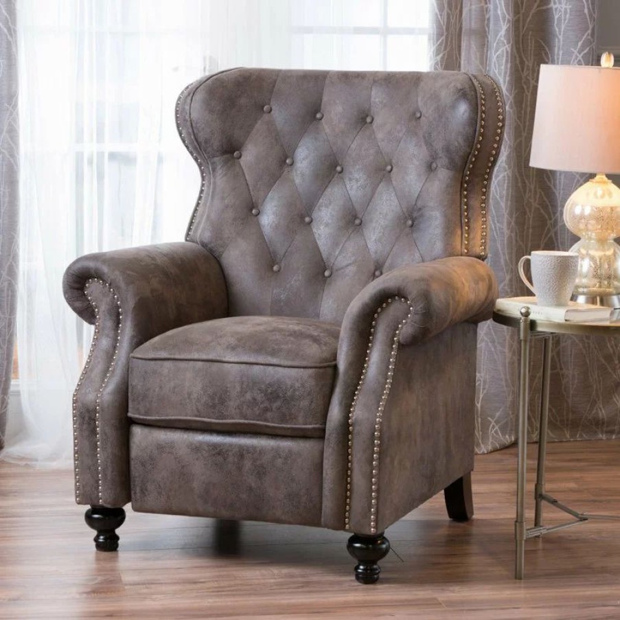 Chairs * | Gdfstudio Gdf Studio Walder Contemporary Tufted Fabric Recliner With Nailhead Trim, Warm Stone