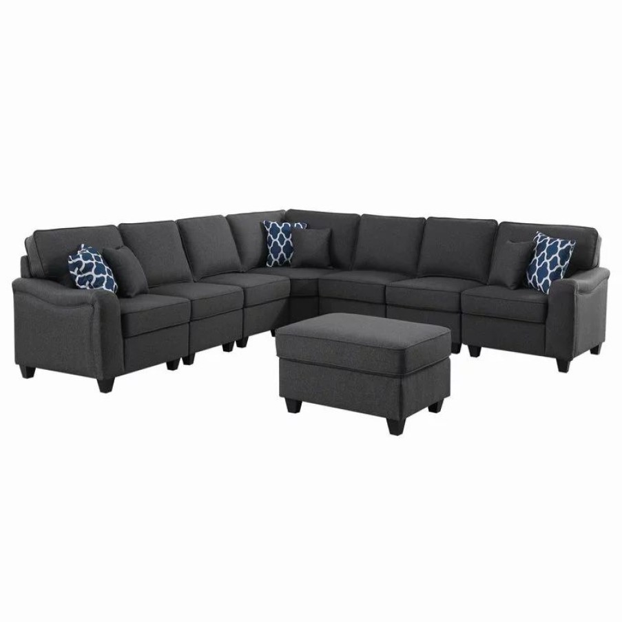 Sofas & Sectionals * | Lilola Home Leo Dark Gray Linen 8-Piece Modular L-Shape Sectional Sofa And Ottoman