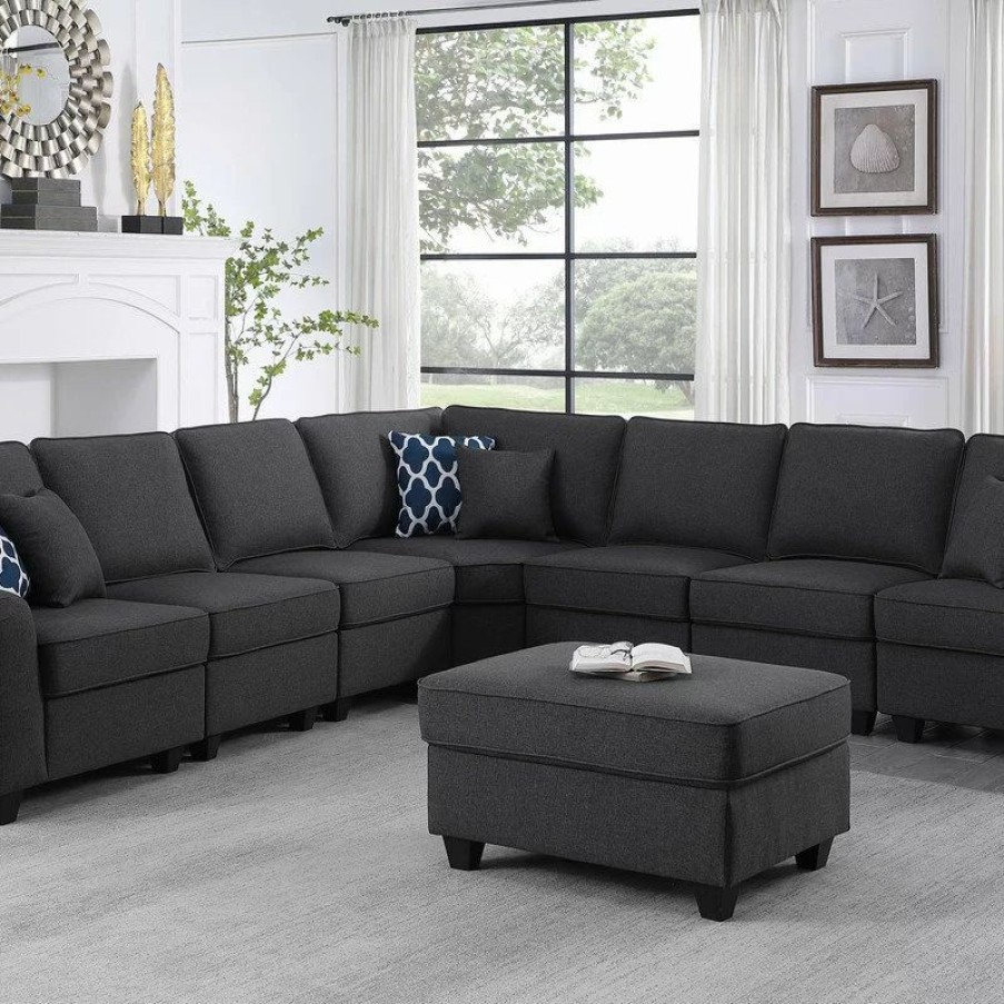 Sofas & Sectionals * | Lilola Home Leo Dark Gray Linen 8-Piece Modular L-Shape Sectional Sofa And Ottoman