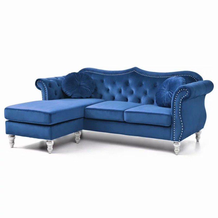 Sofas & Sectionals * | Glory Furniture Hollywood Velvet Tufted Sofa With Reversible Chaise, Navy Blue