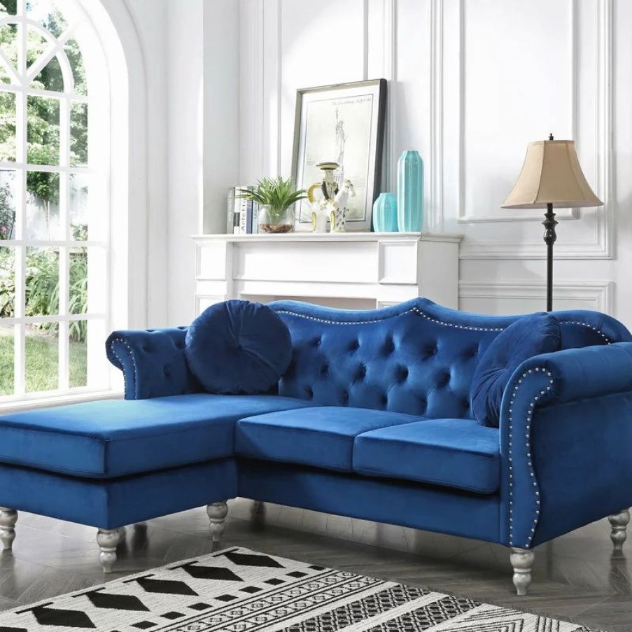 Sofas & Sectionals * | Glory Furniture Hollywood Velvet Tufted Sofa With Reversible Chaise, Navy Blue