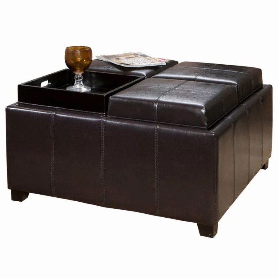 Footstools & Ottomans * | Gdfstudio Gdf Studio Harley Leather 4-Tray Top Storage Ottoman, Espresso