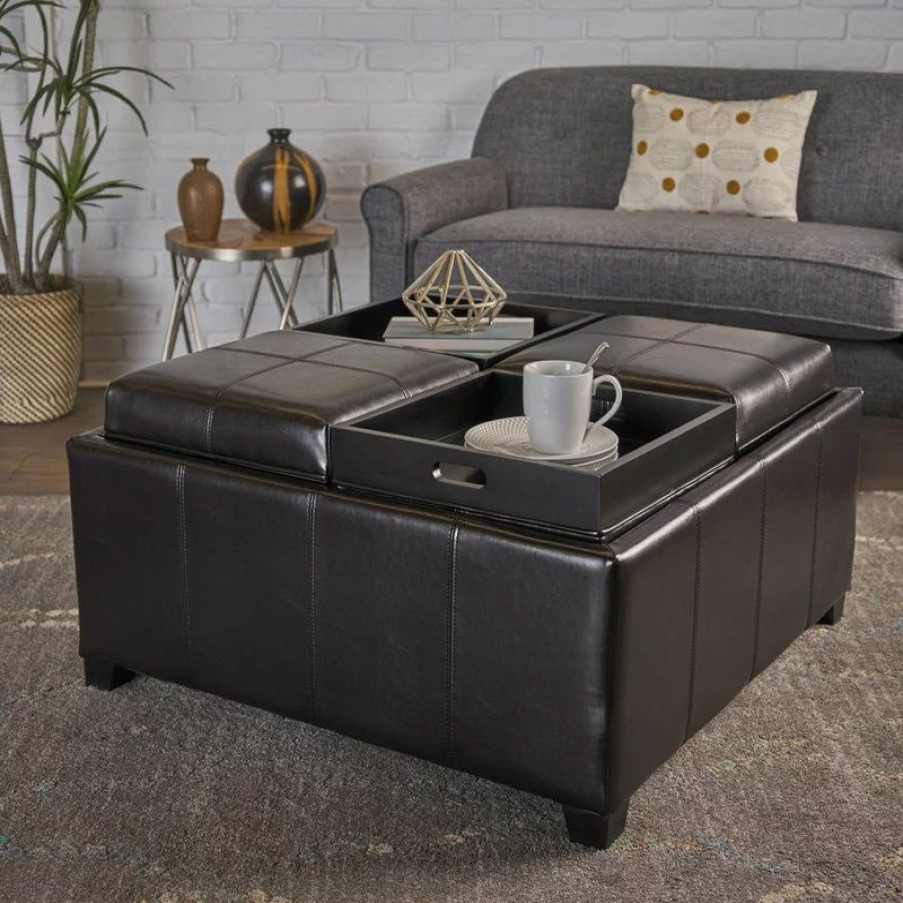 Footstools & Ottomans * | Gdfstudio Gdf Studio Harley Leather 4-Tray Top Storage Ottoman, Espresso