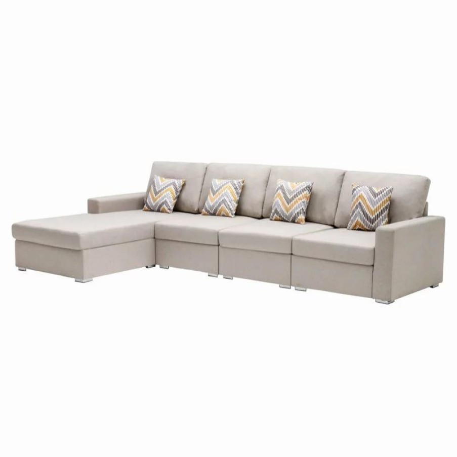 Sofas & Sectionals * | Lilola Home Nolan Beige Linen Reversible Sectional Sofa Chaise Pillows Interchangeable Legs