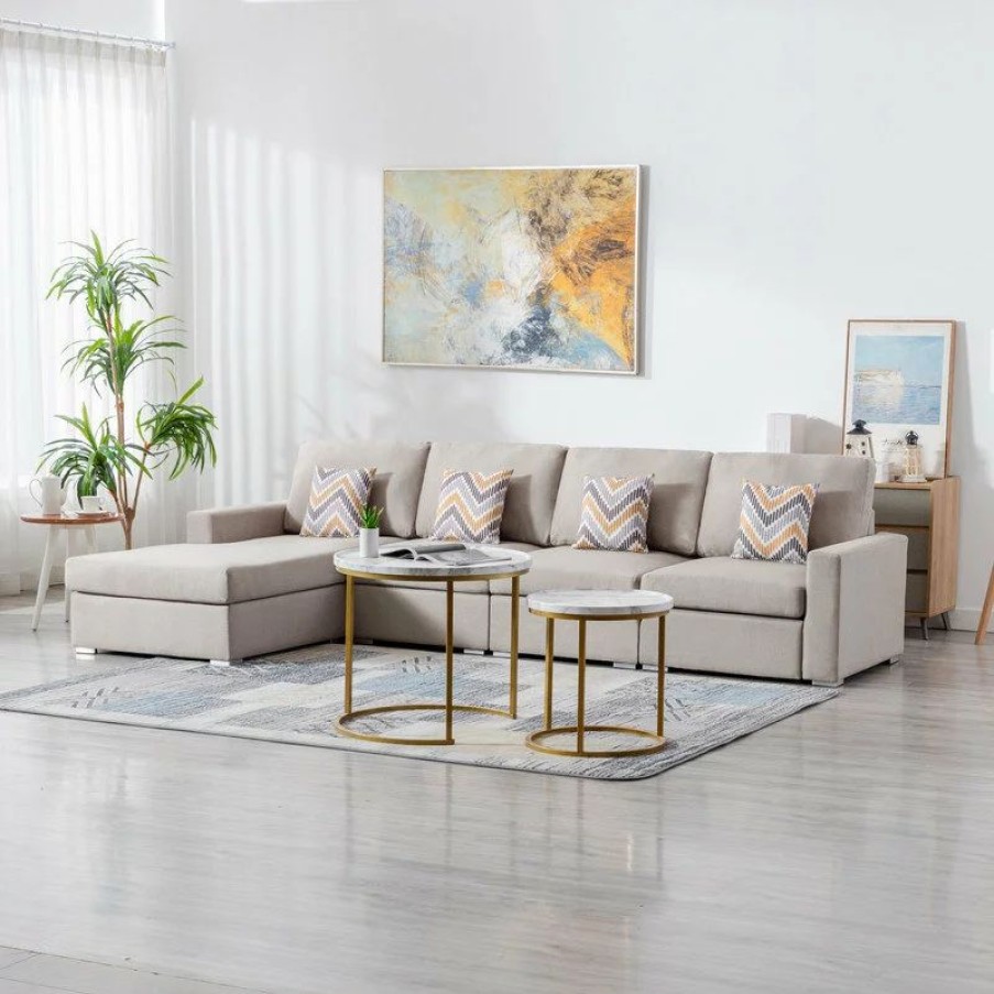 Sofas & Sectionals * | Lilola Home Nolan Beige Linen Reversible Sectional Sofa Chaise Pillows Interchangeable Legs