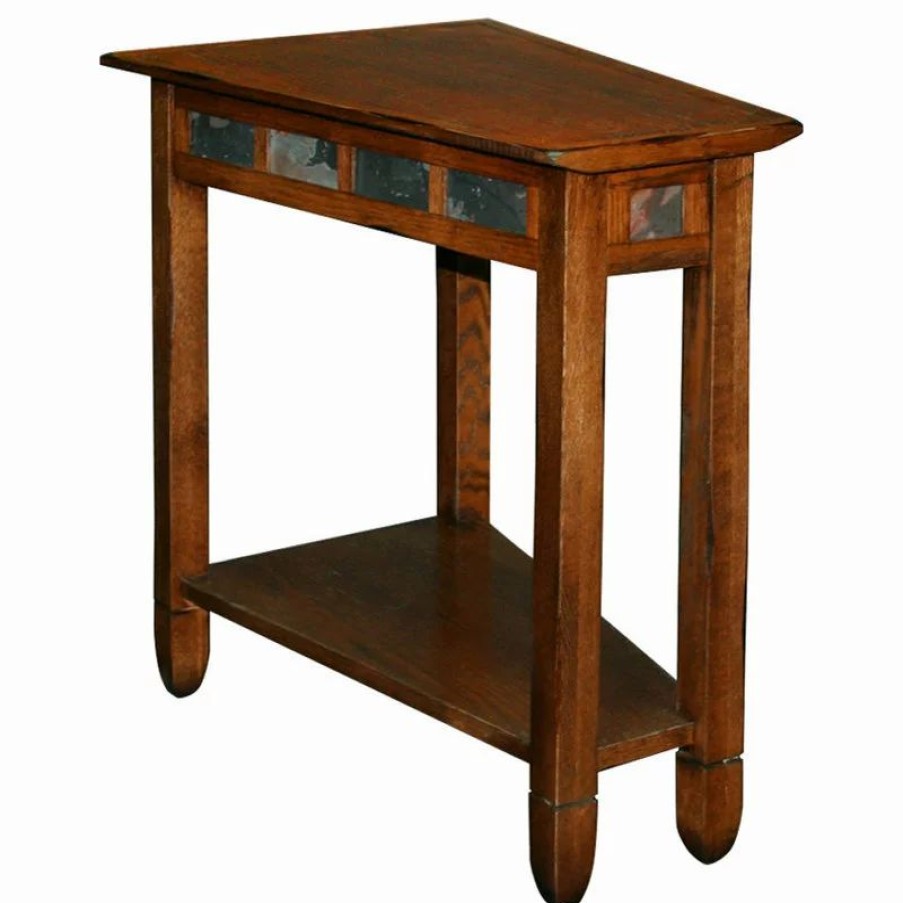Coffee & Accent Tables * | Leick Home Leick Furniture Rustic Slate Wood Recliner Wedge End Table In Rustic Oak
