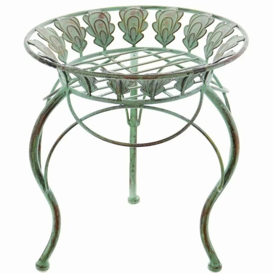 Coffee & Accent Tables * | Home Garden Collections 13 Round Metal Plant Stand With Peacock Tail Motif And Curved Legs