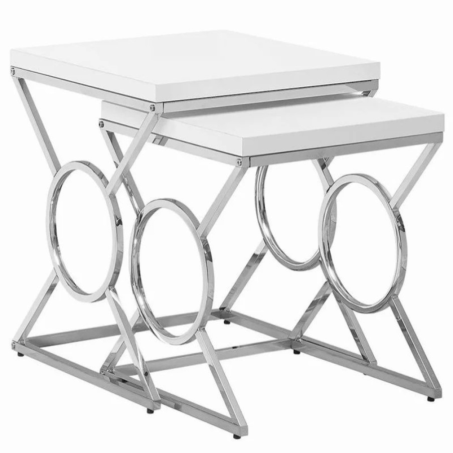 Coffee & Accent Tables * | Monarch Nesting Table Set Of 2 Side End Accent Bedroom Metal Glossy White