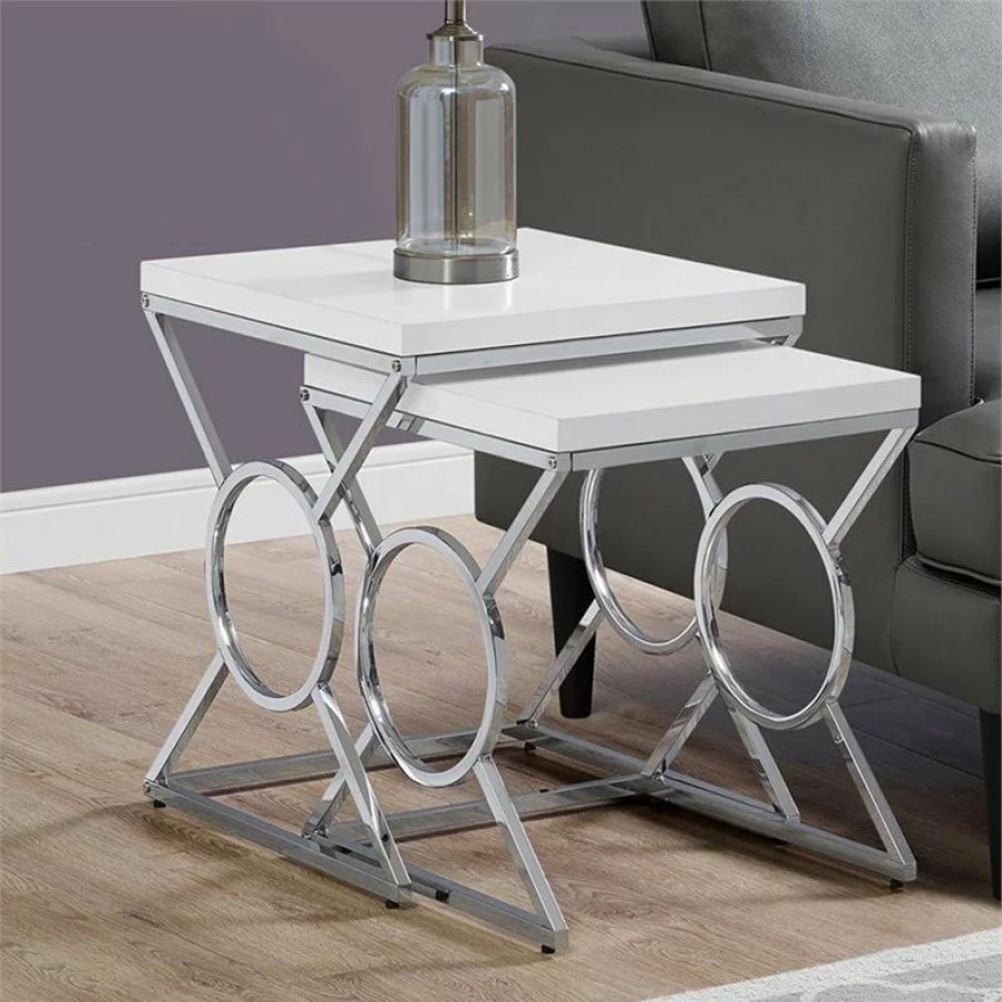 Coffee & Accent Tables * | Monarch Nesting Table Set Of 2 Side End Accent Bedroom Metal Glossy White