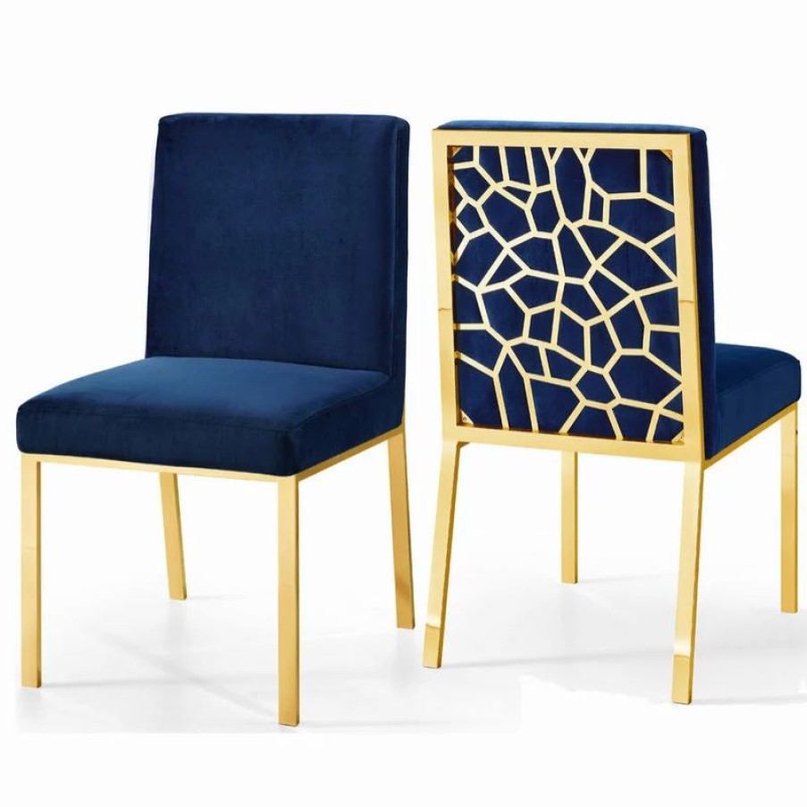 Chairs * | Mod The Weaver Dining Chair, Navy, Velvet, Gold Base Set Of 2