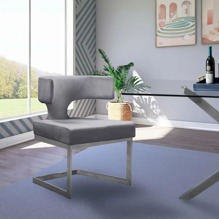 Chairs * | Mod The Eve Dining Chair, Gray And Chrome, Velvet And Metal